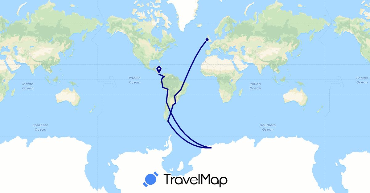TravelMap itinerary: driving in Argentina, Bolivia, Brazil, Chile, Colombia, Ecuador, Ireland, Panama, Peru, Paraguay, Uruguay (Europe, North America, South America)